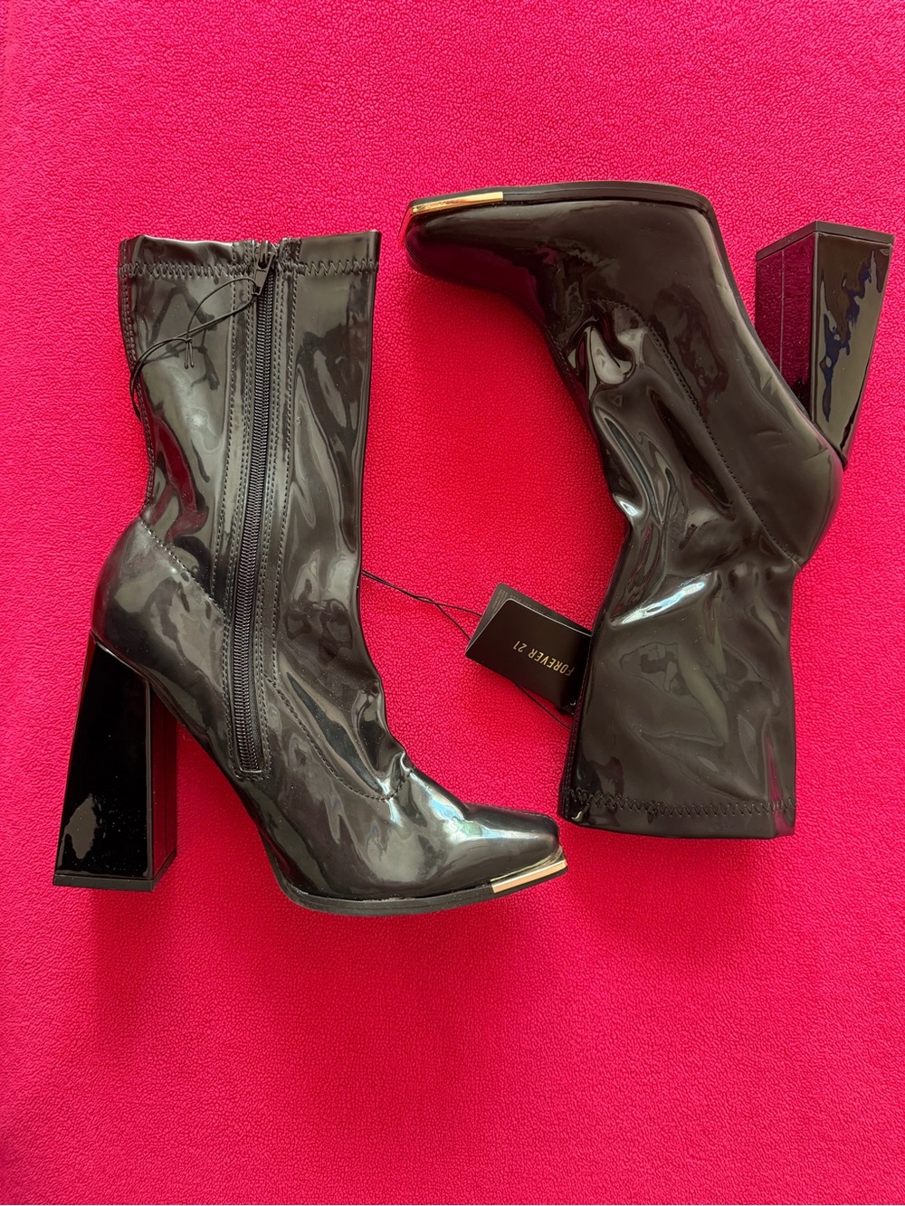 Forever 21 Women’s Black Patent Block Heel Boots with Silver Tips